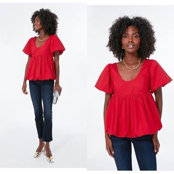 Hyacinth House NEW Red Rouge Scoop Neck Short Sleeve Bubble Blouse Top Size XS